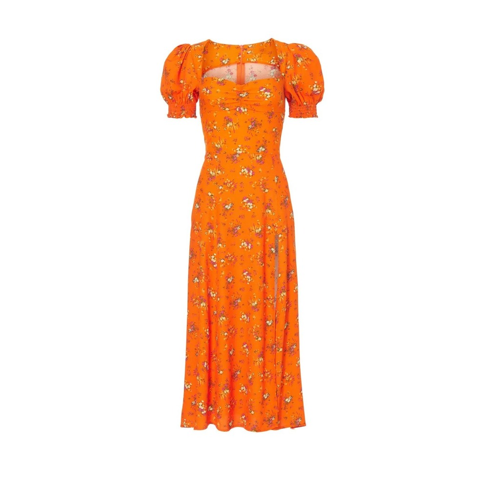 Reformation Lacey Dress Orange Ditsy Floral Puff Sleeve Midi Slit Size 6 - Picture 2 of 13